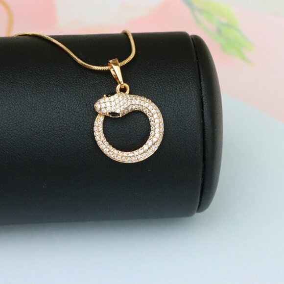 "Rose Gold Snake Circle Pendant with Sparkling CZ and Black Eyes, XPPT1529 - Picture 5 of 13